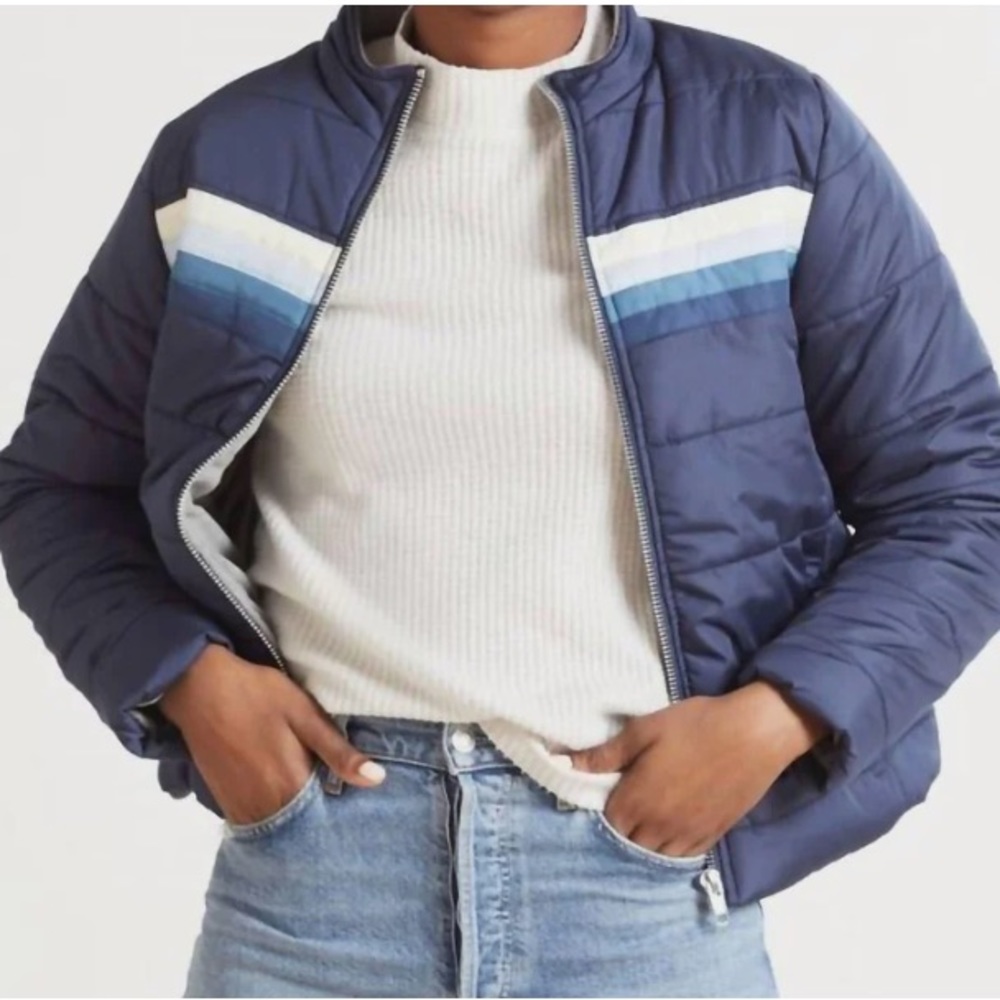 Evereve Navy Puffer Jacket with Blue Stripes